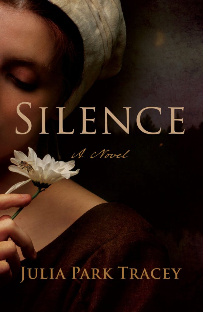 book cover of the novel Silence: A young white woman's face, and holding a white flower with a honey bee against her shoulder. 